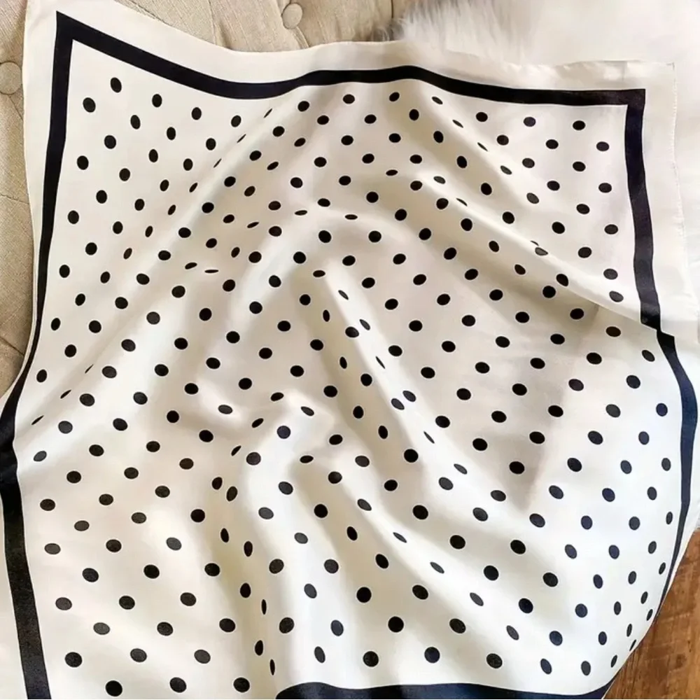 Black & Ivory Polka Dot Satin Square Scarf | Neck Scarf, Hair Tie, Bag Accent - Picture 3 of 6
